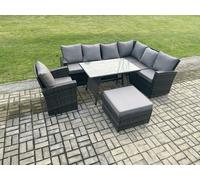 Fimous High Back Outdoor Garden Furniture Set Rattan Corner Sofa Dining Table Set With Armchair Big Footstool 8 Seater Dark Grey Mixed