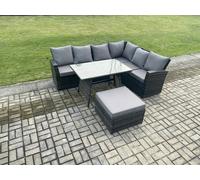 High Back Outdoor Garden Furniture Set Rattan Corner Sofa Dining Table Set With Big Footstool 7 Seater Fimous Dark Grey One Size