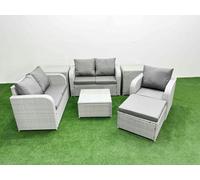 Fimous High Back Poly Rattan Garden Furniture Set with Reclining Chair Loveseat Sofa Indoor Outdoor Patio Set Big Stool 2 Side Table