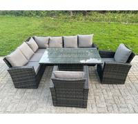 Fimous High Back PE Rattan Corner Sofa Set Garden Furniture Adjustable Rising Lifting Table Set With 2 Armchair
