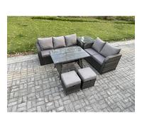 High Back PE Rattan Sofa Set Outdoor Garden Furniture Dining Table Set Love Sofa 3 Seater Sofa 2 Small Footstool Fimous Dark Grey One Size
