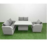 Fimous High Back Poly Rattan Garden Furniture Set, Adj Height Table, Reclining Loveseat, Indoor Outdoor Patio, Light Grey