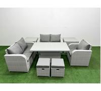 Fimous High Back Poly Rattan Garden Furniture Set with Adjustable Lifting Dining or Coffee Table Indoor Outdoor Patio Set 2 Stool 2 Side Table