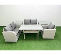 Fimous High Back Poly Rattan Garden Furniture Set - Light Grey Indoor/Outdoor Patio Set with Reclining Chair & Dining Table