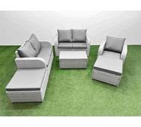 Fimous High Back Poly Rattan Garden Furniture Set Reclining Chair Loveseat Sofa Coffee Table Indoor Outdoor Set 2 Big Stool