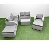 High Back Poly Rattan Garden Furniture Set with Reclining Chair Loveseat Sofa Rectangular Coffee Table Indoor Outdoor Patio Set 2 Big Stool Side Tabl Fimous Light Grey One Size
