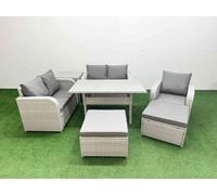 Fimous High Back Poly Rattan Garden Furniture Set, Reclining Chair, Loveseat, Dining Table, Indoor Outdoor, 2 Big Stool, Side Table, Light Grey