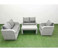 Fimous High Back Poly Rattan Garden Furniture Set with Reclining Chair Loveseat Sofa Oblong Coffee Table Indoor Outdoor Patio Set Light Grey