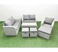 High Back Poly Rattan Garden Furniture Set with Reclining Chair Loveseat Sofa Oblong Coffee Table Indoor Outdoor Patio Set 3 Stools Side Table Light Fimous Light Grey One Size