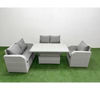 High Back Poly Rattan Garden Furniture Set with Reclining Chair Loveseat Sofa Adjustable Lifting Dining or Coffee Table Indoor Outdoor Patio Set Ligh Fimous Light Grey One Size