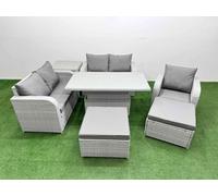 High Back Poly Rattan Garden Furniture Set with Reclining Chair Loveseat Sofa Adjustable Lifting Dining or Coffee Table Indoor Outdoor Patio Set 2 Bi Fimous Light Grey One Size