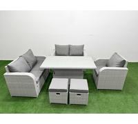 High Back Poly Rattan Garden Furniture Set with Reclining Chair Loveseat Sofa Adjustable Lifting Dining or Coffee Table Indoor Outdoor Patio Set 2 St Fimous Light Grey One Size