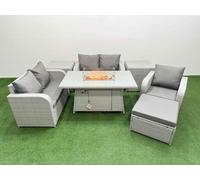 High Back Poly Rattan Garden Furniture Set with Reclining Chair Loveseat Sofa Firepit Dining Table Indoor Outdoor Patio Set Big Stool 2 Side Table Li Fimous Light Grey One Size