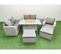 Fimous High Back Poly Rattan Garden Furniture Set with Reclining Chair Loveseat Sofa Firepit Dining TableSet 2 Big Stool 2 Side Table Light Grey
