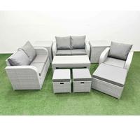 Fimous High Back Poly Rattan Garden Furniture Set with Reclining Chair Loveseat Sofa Indoor Outdoor Patio Set 3 Stools 2 Side Table
