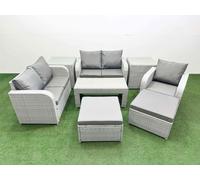 High Back Poly Rattan Garden Furniture Set with Reclining Chair Loveseat Sofa Oblong Coffee Table Indoor Outdoor Patio Set 2 Big Stool 2 Side Table L Fimous Light Grey One Size