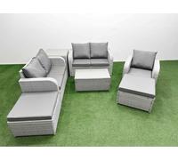 Fimous High Back Poly Rattan Garden Furniture Set w/ Reclining Chair Loveseat Sofa Rectangular Coffee Table Indoor Outdoor Patio Set 2 Big Stool Side Fimous Light Grey