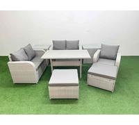 Fimous High Back Poly Rattan Garden Furniture Set w/ Reclining Chair Loveseat Sofa Rectangular Dining Table Indoor Outdoor Patio Set 2 Big Stool 2 Fimous Light Grey