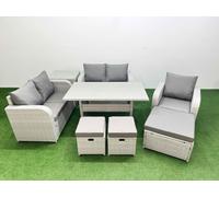 High Back Poly Rattan Garden Furniture Set with Reclining Chair Loveseat Sofa Rectangular Dining Table Indoor Outdoor Patio Set 3 Stools Side Table L Fimous Light Grey One Size