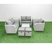 Fimous High Back Poly Rattan Garden Furniture Set w/ Reclining Chair Loveseat Sofa Square Coffee Table Indoor Outdoor Patio Set 2 Stool 2 Side Table Fimous Light Grey