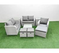 Fimous High Back Poly Rattan Garden Furniture Set w/ Reclining Chair Loveseat Sofa Square Coffee Table Indoor Outdoor Patio Set 3 Stools 2 Side Table Fimous Light Grey