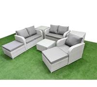 High Back Poly Rattan Garden Furniture Set with Reclining Chair Loveseat Sofa Square Coffee Table Indoor Outdoor Patio Set 2 Big Stool 2 Side Table L Fimous Light Grey One Size
