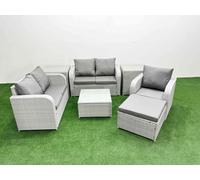 High Back Poly Rattan Garden Furniture Set with Reclining Chair Loveseat Sofa Square Coffee Table Indoor Outdoor Patio Set Big Stool 2 Side Table Lig Fimous Light Grey One Size