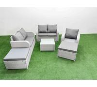High Back Poly Rattan Garden Furniture Set with Reclining Chair Loveseat Sofa Square Coffee Table Indoor Outdoor Patio Set 2 Big Stool Light Grey Fimous Light Grey One Size