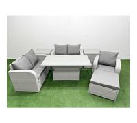Fimous High Back Poly Rattan Garden Furniture Set with Adjustable Lifting Dining or Coffee Table Indoor Outdoor Patio Set Big Stool 2 Side Table