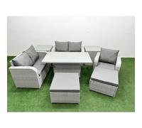 High Back Poly Rattan Garden Furniture Set with Reclining Chair Loveseat Sofa Adjustable Lifting Dining or Coffee Table Indoor Outdoor Patio Set 2 Bi Fimous Light Grey One Size