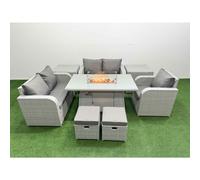Fimous High Back Poly Rattan Garden Furniture Set with Reclining Chair Loveseat Sofa Firepit Dining TableSet 2 Stool 2 Side Table Light Grey