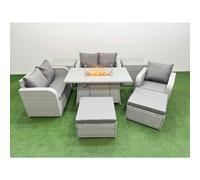 Fimous High Back Poly Rattan Garden Furniture Set with Reclining Chair Loveseat Sofa Firepit Dining TableSet 2 Big Stool 2 Side Table Light Grey