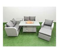 Fimous High Back Poly Rattan Garden Furniture Set with Reclining Chair Loveseat Sofa Firepit Dining TableSet Big Stool Side Table Light Grey