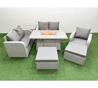 High Back Poly Rattan Garden Furniture Set with Reclining Chair Loveseat Sofa Firepit Dining Table Indoor Outdoor Patio Set 2 Big Stool Side Table Li Fimous Light Grey One Size