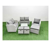 Fimous Rattan Garden Furniture Set Reclining Chair Loveseat Sofa Square Coffee Table Indoor Outdoor Set 3 Stools Light Grey
