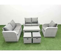 Fimous High Back Poly Rattan Garden Furniture Set with Reclining Chair Loveseat Sofa Oblong Coffee Table Indoor Outdoor Patio Set 2 Stool Light Grey Light Grey