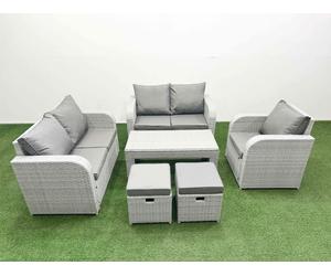 Fimous High Back Poly Rattan Garden Furniture Set with Reclining Chair Loveseat Sofa Oblong Coffee Table Indoor Outdoor Patio Set 2 Stool Light Grey Fimous Light Grey