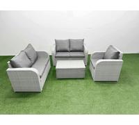 Fimous High Back Poly Rattan Garden Furniture Set with Reclining Chair Loveseat Sofa Rectangular Coffee Table Indoor Outdoor Patio Set Light Grey