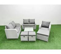 Fimous High Back Poly Rattan Garden Furniture Set with Reclining Chair Loveseat Sofa Square Coffee Table Indoor Outdoor Patio Set 3 Stools Light Grey