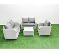 Fimous High Back Poly Rattan Garden Furniture Set with Reclining Chair Loveseat Sofa Square Coffee Table Indoor Outdoor Patio Set Light Grey