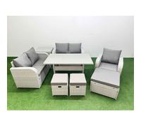 Fimous High Back Poly Rattan Garden Furniture Set w/ Reclining Chair Loveseat Sofa Rectangular Dining Table Indoor Outdoor Patio Set 3 Stools Side Fimous Light Grey