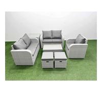 Fimous High Back Poly Rattan Garden Furniture Set with Rectangular Coffee Table Indoor Outdoor Patio Set 2 Stool Side Table Light Grey