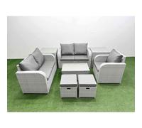 Fimous High Back Poly Rattan Garden Furniture Set w/ Reclining Chair Loveseat Sofa Rectangular Coffee Table Indoor Outdoor Patio Set 2 Stool 2 Side Fimous Light Grey