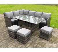 Fimous High Back Rattan Corner Sofa Set Outdoor Furniture Rectangular Dining Table 3 Small Footstools 9 Seater in Dark Grey Fimous Dark Grey