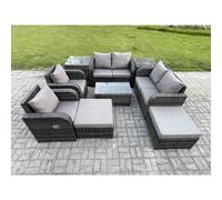 Fimous High Back Rattan Garden Furniture Set with Coffee Table 2 Side Tables 2 Big Footstool Indoor Outdoor Patio Lounge Sofa Set