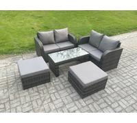Fimous High Back Rattan Garden Furniture Set with Loveseat Sofa Coffee Table Footstools Outdoor Patio Lounge Sofa Set in Dark Grey Fimous Dark Grey
