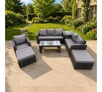 Fimous High Back Rattan Garden Furniture Set, Loveseat Sofa, Coffee Table, Side Table, 2 Big Footstools, Indoor Outdoor Lounge Sofa