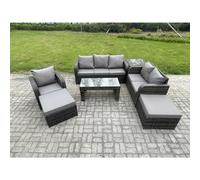 High Back Rattan Garden Furniture Set with Loveseat Sofa Rectangular Coffee Table Side Table 2 Big Footstool Indoor Outdoor Patio Lounge Sofa Set Fimous Dark Grey One Size