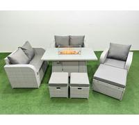 Fimous High Back Poly Rattan Garden Furniture Set with Reclining Chair Loveseat Sofa Firepit Dining TableSet 3 Stools Light Grey
