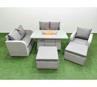High Back Poly Rattan Garden Furniture Set with Reclining Chair Loveseat Sofa Firepit Dining Table Indoor Outdoor Patio Set 2 Big Stool Light Grey Fimous Light Grey One Size